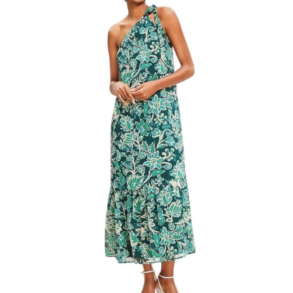 LOFT Women Maxi Dress Earthy Floral XS Fairycore Soft Girl TieNeck Costal Beachy